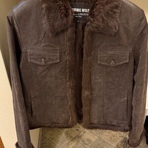Brown Leather Jacket with Fur Trim